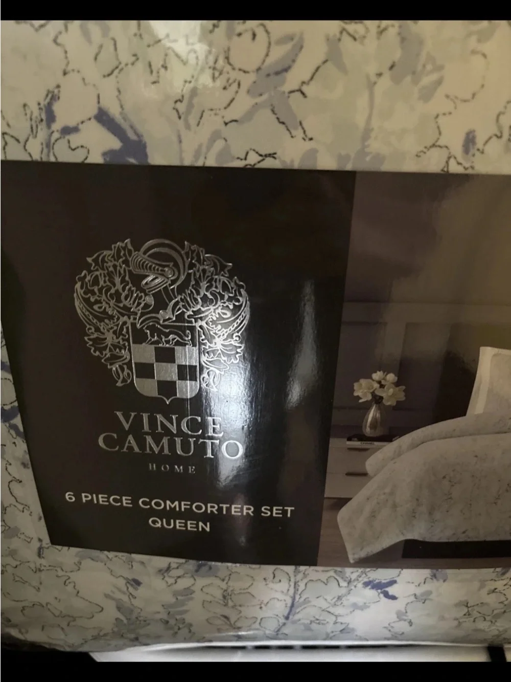 Vince Camuto White Comforter Set with Blue Floral Pattern